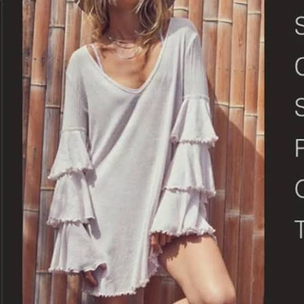 Free People FP Beach Seashore Mini Dress Bell Sleeve Boho Cream XS/S